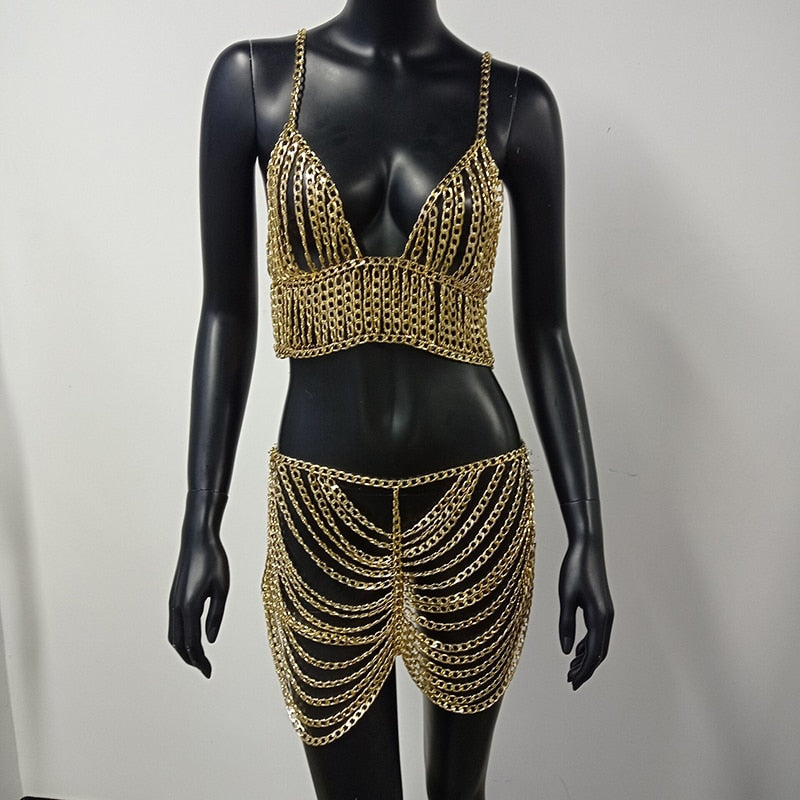 Metal Body Chain Bodysuit Dresses / Tops / bottoms  Sexy Festival-wear Exotic Chainlinked chainwear - DITCHWORLD