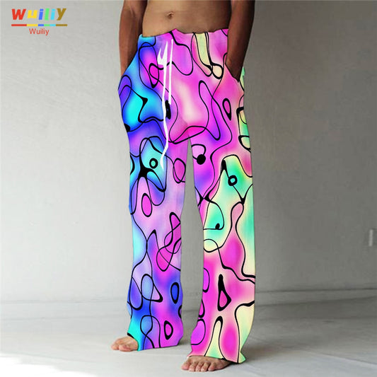 Rainbow Straight Trousers 3D Print Elastic Drawstring Front Pocket Pants Graphic Colourful Pants - Dusk - DITCHWORLD