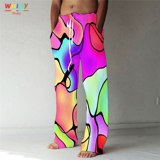 Rainbow Straight Trousers 3D Print Elastic Drawstring Front Pocket Pants Graphic Colourful Pants - Oil Spill - DITCHWORLD