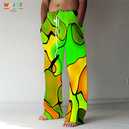 Rainbow Straight Trousers 3D Print Elastic Drawstring Front Pocket Pants Graphic Colourful Pants - River - DITCHWORLD