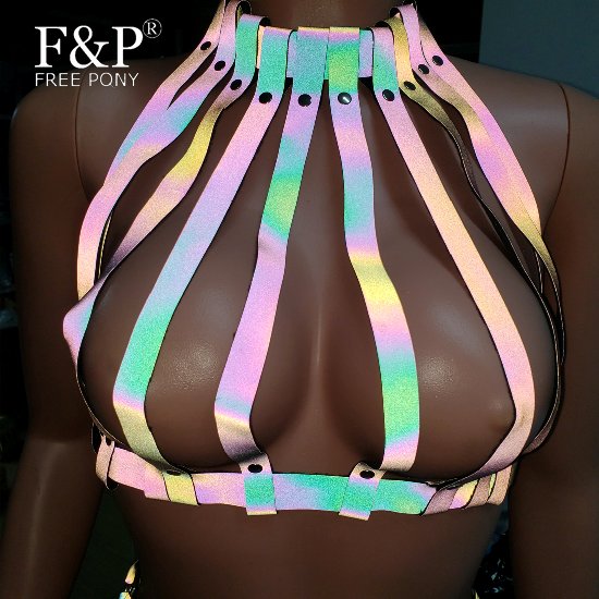 Rainbow Reflective Leather Harness Top Lingerie Burning Man Festival Costume y2k Pole Dance Wear Clothes EDM Psy