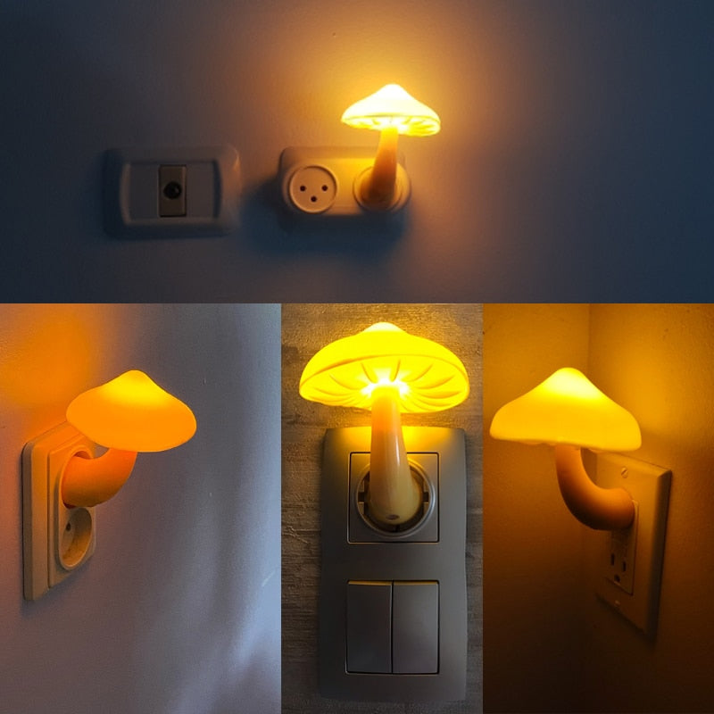 Led Night Light Mushroom Wall Socket Lamp Eu Us Plug Warm White Light-control Sensor Bedroom Light Home Decoration - DITCHWORLD