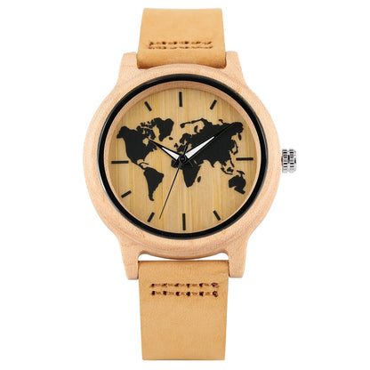 World Map BAMBOO Watch Clock Retro Quartz Wristwatch Brown Leather Band Scale Dial time illusion - DITCHWORLD