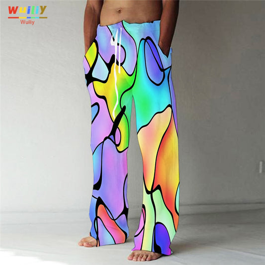 Rainbow Straight Trousers 3D Print Elastic Drawstring Front Pocket Pants Graphic Colourful Pants - Picasso - DITCHWORLD