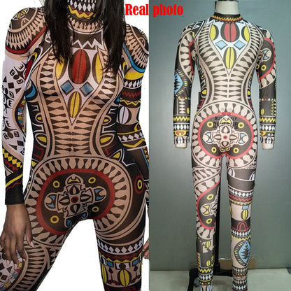 Bodysuit For Doof Festival Women Tribal Tattoo Print Mesh Jumpsuit Curvy African Aztec Bodysuit Catsuits