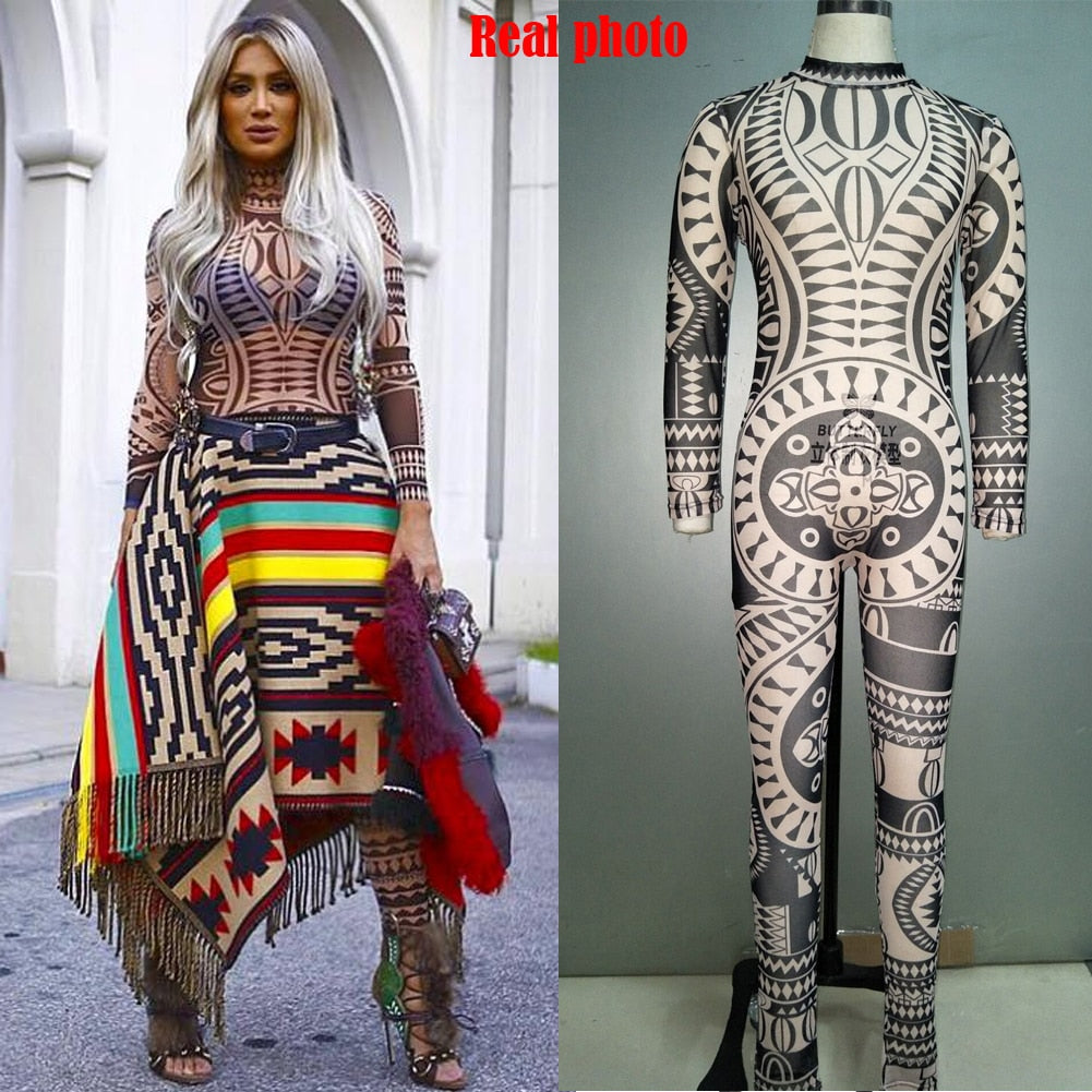 Bodysuit For Doof Festival Women Tribal Tattoo Print Mesh Jumpsuit Curvy African Aztec Bodysuit Catsuits