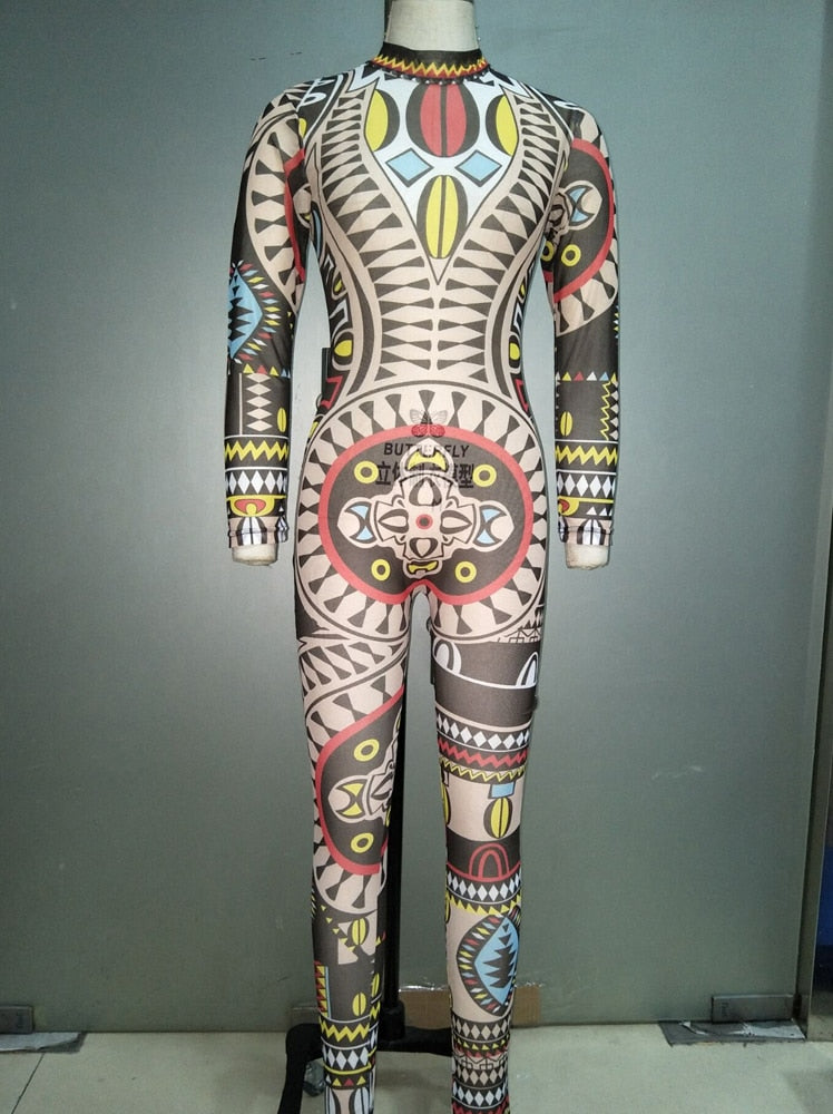 Bodysuit For Doof Festival Women Tribal Tattoo Print Mesh Jumpsuit Curvy African Aztec Bodysuit Catsuits - DITCHWORLD