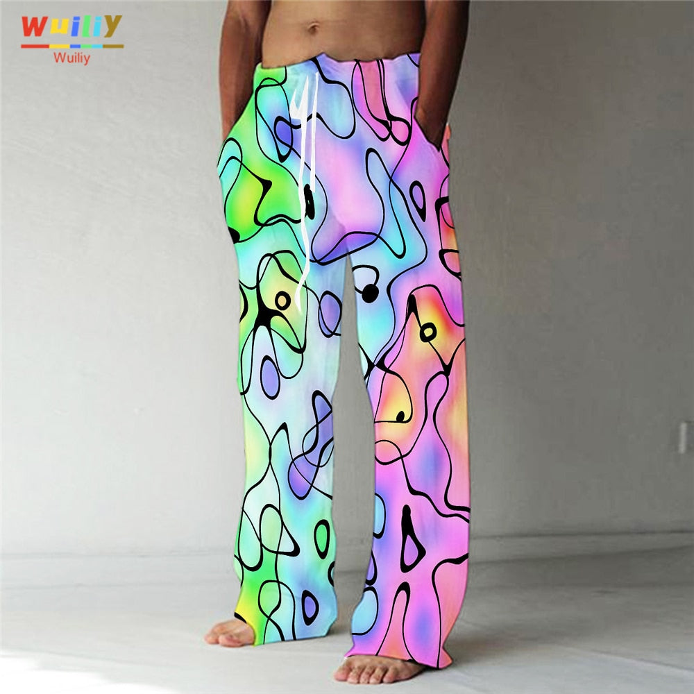 Rainbow Straight Trousers 3D Print Elastic Drawstring Front Pocket Pants Graphic Colourful Pants - Rainbow - DITCHWORLD