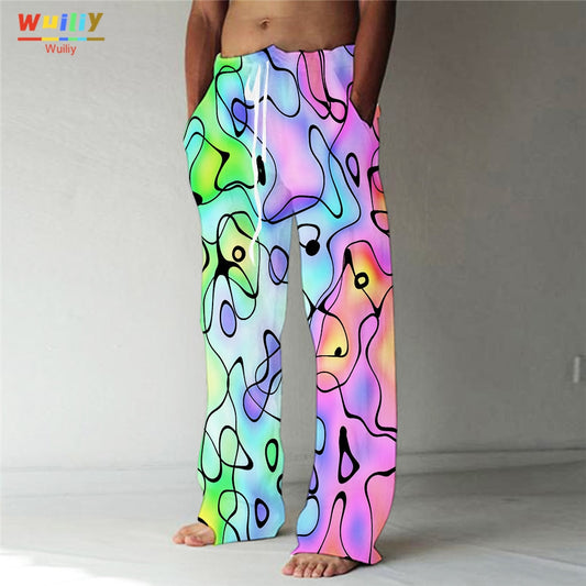 Rainbow Straight Trousers 3D Print Elastic Drawstring Front Pocket Pants Graphic Colourful Pants - Rainbow