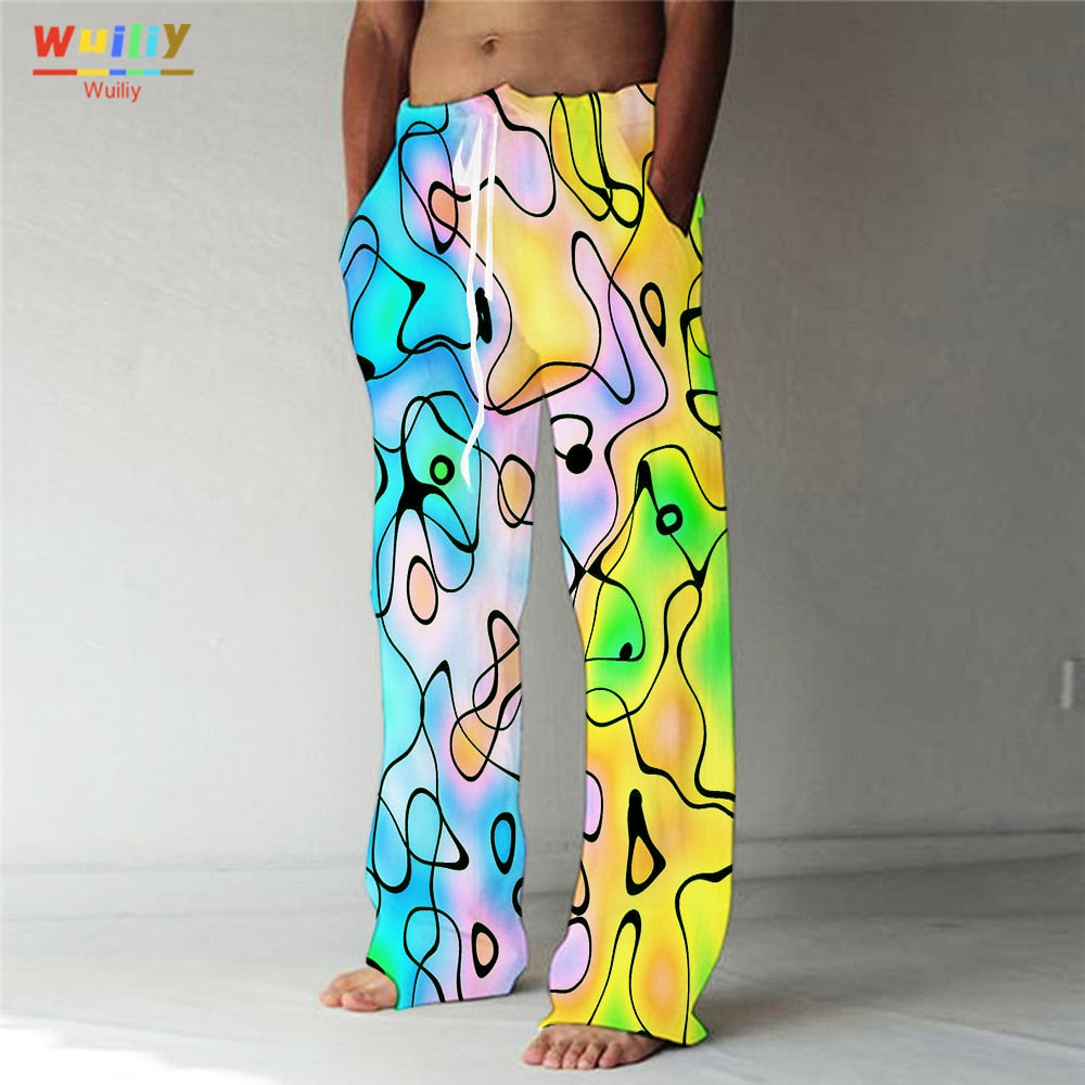Rainbow Straight Trousers 3D Print Elastic Drawstring Front Pocket Pants Graphic Colourful Pants - Sunset