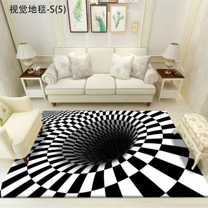 Vortex Illusion Rug 3D Trap Effect Bottomless Hole Carpet Geometric Black White - Anti Slip Floor Mats
