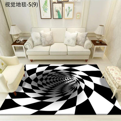Vortex Illusion Rug 3D Trap Effect Bottomless Hole Carpet Geometric Black White - Anti Slip Floor Mats - DITCHWORLD