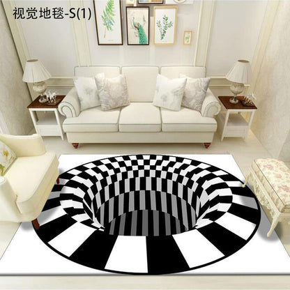 Vortex Illusion Rug 3D Trap Effect Bottomless Hole Carpet Geometric Black White - Anti Slip Floor Mats
